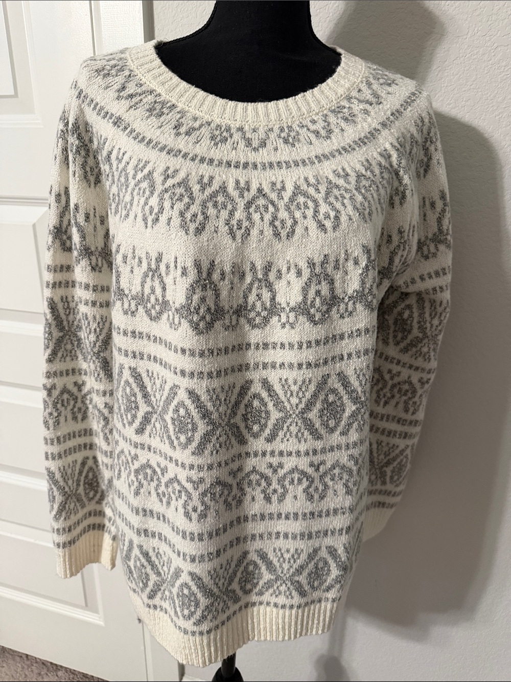 J. Jill Ivory & Light Gray Fair Isle Crewneck Sweater